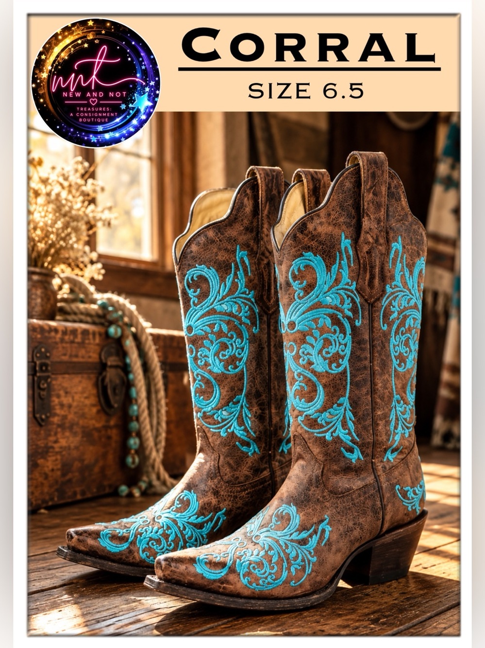 Corral R1193 Dahlia Boots 6.5 Brown Leather Turquoise Embroidered Western